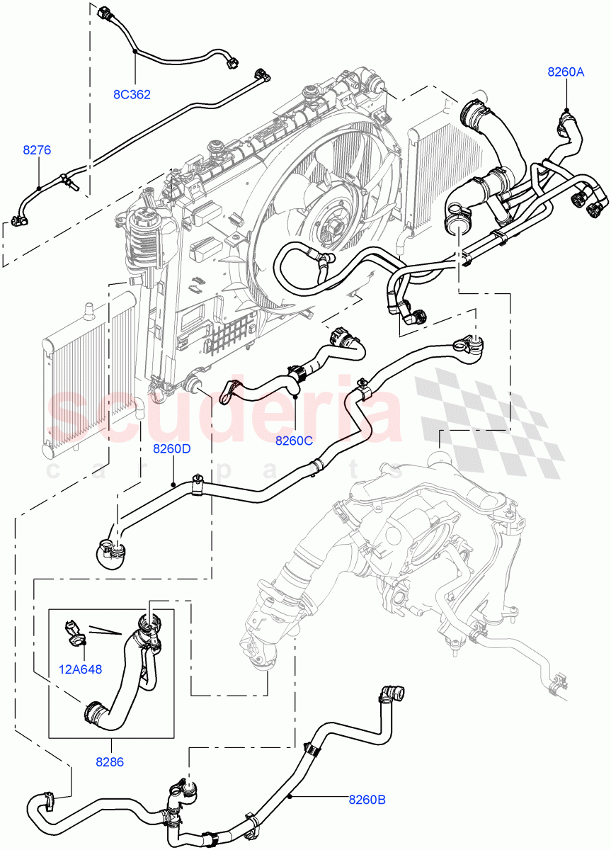 Cooling System Pipes And Hoses (5.0L P AJ133 DOHC CDA S/C Enhanced, Less Active Tranmission Warming, 5.0 Petrol AJ133 DOHC CDA) ((V) FROMKA000001) of Land Rover Land Rover Range Rover (2012-2021) [5.0 OHC SGDI SC V8 Petrol]