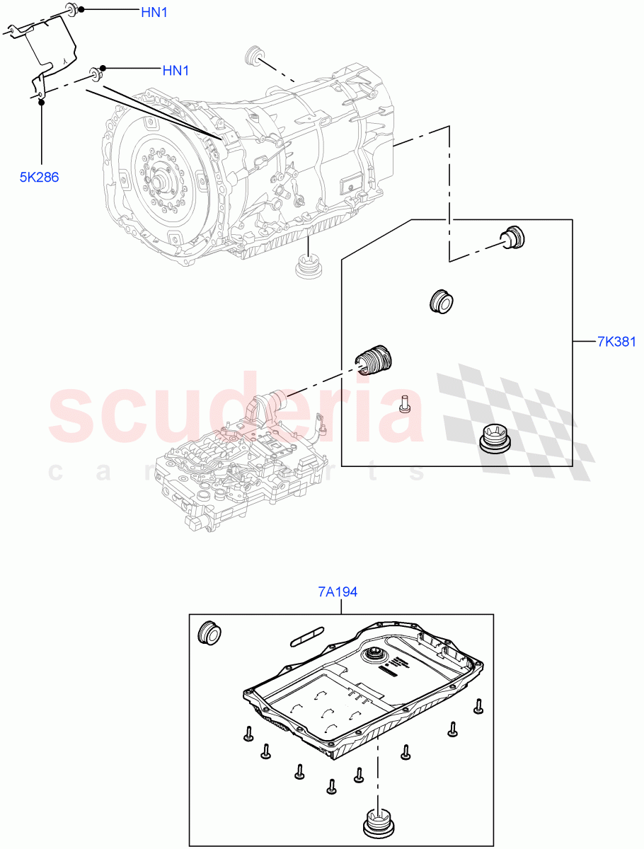Transmission External Components (3.0 V6 Diesel Electric Hybrid Eng, 8 Speed Auto Trans ZF 8HP70 HEV 4WD, 3.0 V6 D Gen2 Mono Turbo, 3.0 V6 D Gen2 Twin Turbo) ((V) FROMEA000001) of Land Rover Land Rover Range Rover Sport (2014+) [5.0 OHC SGDI SC V8 Petrol]