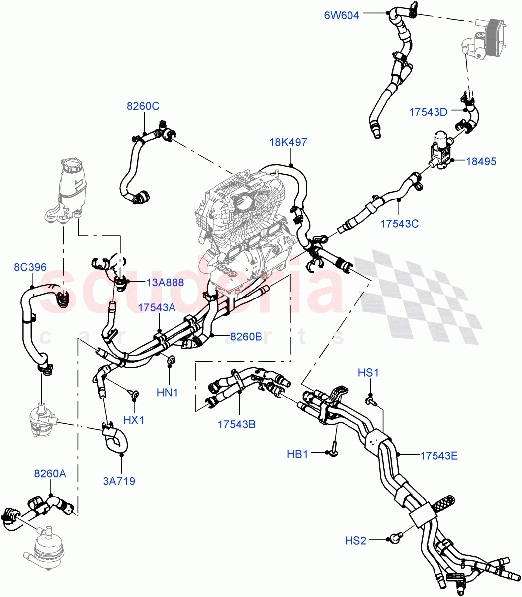 Cooling System Pipes And Hoses (Electric Unit, Front Section) (1.5L AJ20P3 Petrol High PHEV, Halewood (UK)) ((V) FROMLH000001) of Land Rover Land Rover Range Rover Evoque (2019+) [1.5 I3 Turbo Petrol AJ20P3]