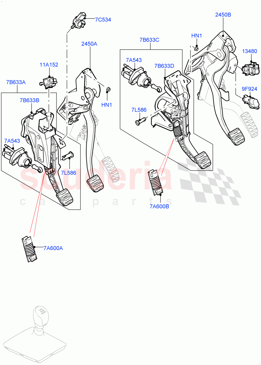 Brake And Clutch Controls (All 6 Speed Manual Volvo M66, Halewood (UK), Unique Met Finish Foot Pedals Pads) of Land Rover Land Rover Range Rover Evoque (2012-2018) [2.2 Single Turbo Diesel]