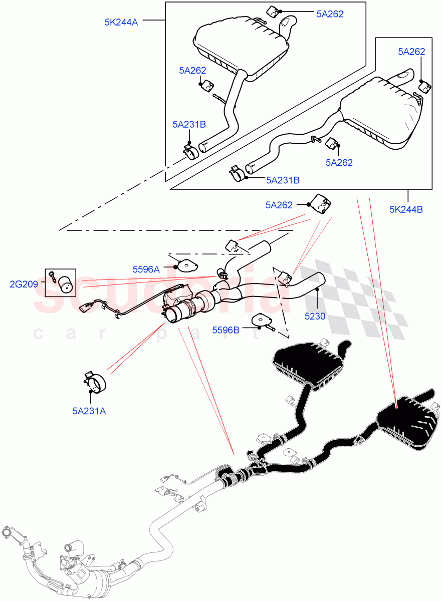 Rear Exhaust System (3.0 V6 D Gen2 Twin Turbo, Dual Exh Olet W/Squa Tail Pipe Garn, Dual Exh Olet W/Squa TL Pipe Steel) of Land Rover Land Rover Range Rover Velar (2017+) [3.0 Diesel 24V DOHC TC]